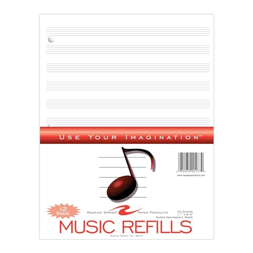 Roaring Spring Loose Leaf Music Filler Paper, 20 Sheets 8.5"x11" with 12 Staves of Music Lines, Heavyweight 24# Smooth White Paper, 3 Hole Punched (Pack of 1) - size: 11" x 8.5" 20 Sheets (Pack of 1)