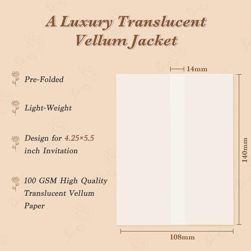 120 Pack Pre-Folded Vellum Jackets for 4.25x5.5 Invitations, Translucent Vellum Paper 4.25x5.5 Jackets, 100GSM Wedding Invitations Wraps, Envelope Liners for Birthdays, Baby Showers - color: 120Pcs, size: 4.25 x 5.5 inch