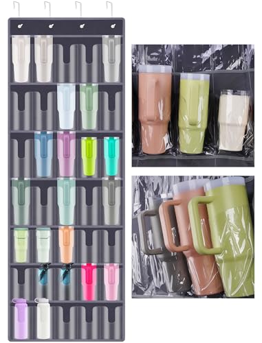 NiHome 35-Pocket Door Hanging Cup Organizer Fit for Stanley Tumbler 30 40oz | Large Capacity Over the Door Water Bottle Storage with Nano Tape, Waterproof Oxford Fabric, U-Shaped Handle Slots (Dark Gray) - color: Dark Gray (Upgraded), size: 75.2'' x 24.4"