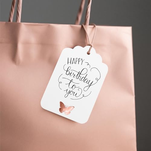 100Pcs Blank Gift Tags with String, Foil Rose Gold Butterfly Large Gift Tags with 65 Ft Jute Twine Cute Tags White Paper Gift Tag for Birthday Baby Shower Wedding Spring Summer Gift Wrap Tag - color: Rose Gold Butterfly