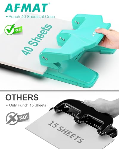 AFMAT 3 Hole Punch Heavy Duty, 40-Sheet Three Hole Punch, 50% Reduced Effort, 3 Hole Puncher for Binder w/Large Chip Tray, 9/32" Holes Diameter, Metal Paper Puncher for Home/Office/School, HP14(Green) - color: Turquoise