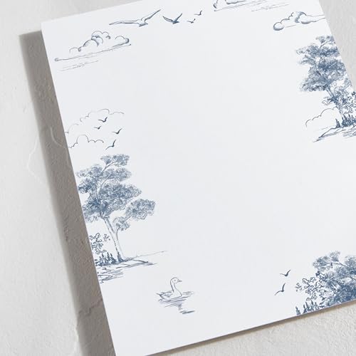 Minted Lake Side Toile Stationery Set, Set of 10 Flat Note Cards & Envelopes for Invitiations and Handwritten Thank You Messages, Toile Design, Lake & Forest Scene, Gifts for Women, Luxurious Paper - color: Lake Side Toile