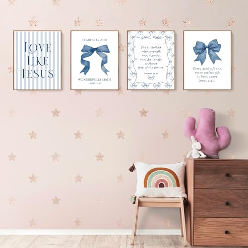 LARTSFRO Coquette Navy Blue Bow Jesus Wall Art Decor Posters, Blue Bow Christian Room Bedroom Bathroom Wall Art Decor Aesthetic for Teen Girls College Gifts, Inspirational Bible Verses Bow Wall Decor, 10x8 Inch Set of 4 Bow Pictures(UNFRAMED) - color: nav