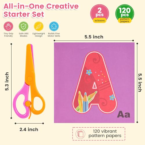 Koogel Toddler Scissors Practice Kit, 2 Safety Scissors & 120 Craft Papers | Ages 3+, Blunt Tip, Cutting for Early Preschool Development Tools, Hand-Eye Coordination, Learn to Cut Line Skill