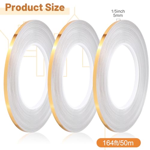 Zonon 3 Rolls 0.2" 0.4" 0.6" Gold Washi Tape 54.7 Yard Solid Foil Self Adhesive Polyester Film Metallic Tape for Detailing Graphic Arts for Crafts Walls Cars and Boats Trim(0.2'') - size: 0.2''