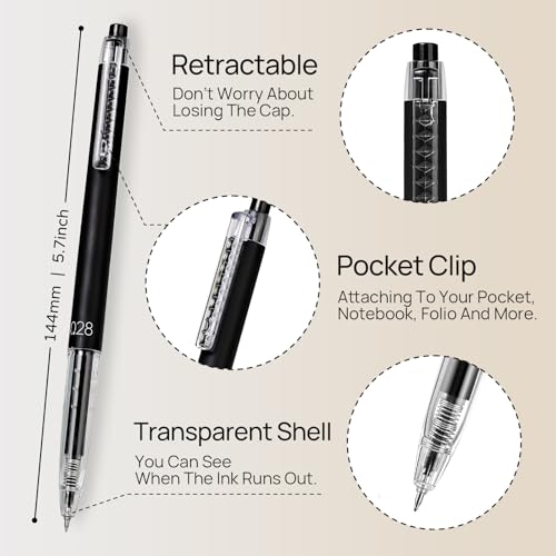 Retractable Gel Roller Pens, Japanese Style, 0.28mm Ultra Fine Point, Quick Dry Black Gel Ink, Precise and smooth writing, 8-Count Pack
