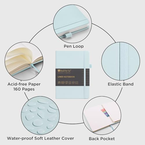 &And Per Se Lined Journal and Pen Set, A5 Leather Hardcover Notebook with Pen & Stationary Set, 160 Pages 100GSM Thick Ruled Paper Journal for Business Work Writing (Cyan, Gift Set) - color: Cyan