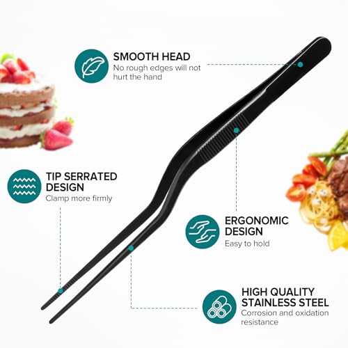 Kitchen Tweezer Tongs Set for Chef Food Plating,6 Pcs,6.3", Black - size: 6 inches