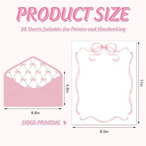 Whaline 30 Pcs Pink Bow Stationery Paper Set Coquette Bowknot Letter Writing Paper with Envelopes Stickers for Birthday Baby Shower Party Invitation Office Printing, 8.5 x 11 Inch - color: pink