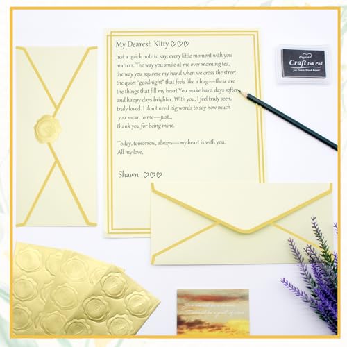 30 Pack Stationery Paper Set with Gold Border Including #10 Business Envelopes and 8.5x11 Paper Sheets 30 Gold Stickers for Love Letters and Party Invitations (Cream Color) - color: Cream Color