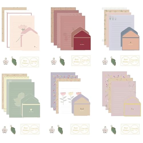 72 Pcs Stationery Paper Envelopes Set Lovely Floral (6Style) | Includes 24 Lined Writing Paper & 12 Envelopes, Cute Letter Writing Stationary Paper Envelopes Kit for Girls Office School - color: Flower