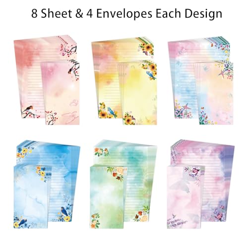Lined Stationary Paper and Envelopes Set Floral Bird Watercolor Stationary Set with Lined Letter Writing Paper - 48 Sheets + 24 Envelopes, 8 x 11 Inch of Each Stationary Paper