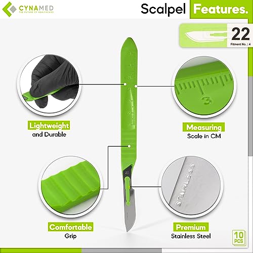 CYNAMED # 22 Disposable Scalpel with Plastic Handle - Sterile Single Blade Razor for Dermaplaning, Dissection, Podiatry, Professional Grooming, Acne Removal - Surgical Stainless Steel Tool - Box of 10 - style: No.22