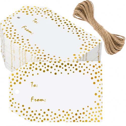 G2PLUS Gold Foil Gift Tags - 50 Pcs White Paper to and from Gift Name Tags with String for Present Wrapping, Wedding, Baby Shower, Christmas Party Favors - style: to from-Gold Dots