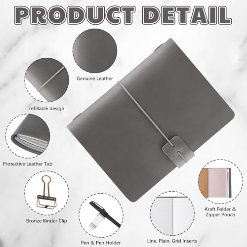 Thenshop Leather Travel Notebook 3 Inserts,Gray,Passport Size | Refillable Travel Journal with Pen Holder and Clip, Passport Notebook Accessories for Organizing Notes, Handmade Diary - color: Gray, size: Passport Size