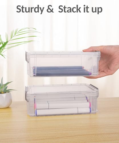Sooez 6 Pack Extra Large Pencil Box, Plastic Pencil Case Crayon Box | Clear Marker Organizer Plastic Containers with Lid, Stackable Storage Boxes for Art Craft,Back to School Supplies, Pink - color: Pink, size: Large