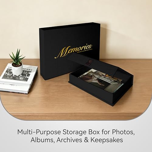 8x10 Premium Linen & Gold Foil Archival Photo Storage Box with Lid - Stackable Memory Keepsake Organizer for Photos, Certificates, Passports, Jewelry & Craft Supplies, Black - color: Black, size: 8x10"