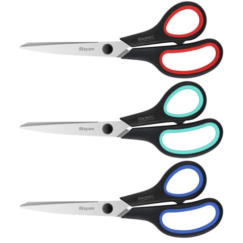 iBayam 8.5" Heavy Duty Scissors All Purpose for Office School Crafts Sewing | 3-Pack, Ultra-Sharp 2.5mm Stainless Blades, Comfort Grip Handles, Left & Right Handed – Teacher Desk & Classroom Must-Have - color: Red, Green, Blue, size: 3-Pack