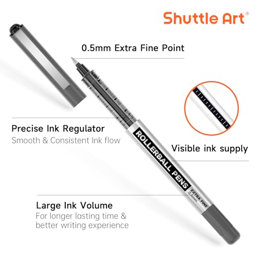 Shuttle Art RollerBall Pens, 50 Pack Black Fine Point Roller Ball Pens, 0.5mm Liquid Ink Pens for Writing Journaling Taking Notes School Office - color: Black, size: 1 Count (Pack of 50)
