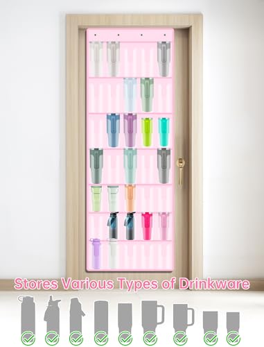 NiHome 35-Pocket Door Hanging Cup Organizer Fit for Stanley Tumbler 30 40oz | Large Capacity Over the Door Water Bottle Storage with Nano Tape, Waterproof Oxford Fabric, U-Shaped Handle Slots (Pink) - color: Pink (Upgraded), size: 75.2'' x 24.4"