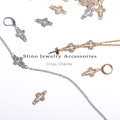 stino 40/50 Pieces Rhinestone Charms, Turtle Heart Bow Cross & Rhombus Jewelry Making Supplies, Silver & Gold Plated Crystal Pendants - style: Cross (Double-Hole 50PCs)