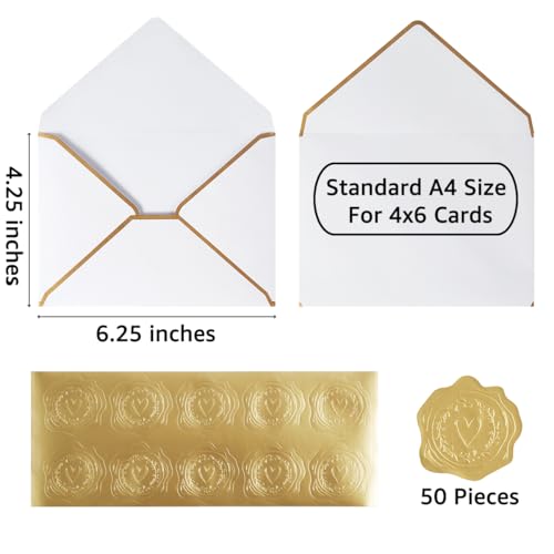 50 Pieces 4x6 Envelopes with Gold Stickers, White, 4.25 x 6.25 Inch | Gold Border Included, For Greeting Cards and Invitations - color: White, size: A4-4x6
