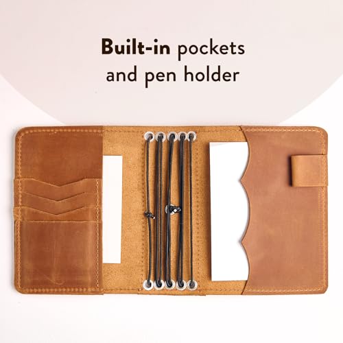 TORAKIP Leather Journal Cover A6 – Handmade Refillable Notebook Cover Fits A6 Inserts 4.1" x 5.8", With 2.2" Spine, 5 Elastic Bands, Pen Holder & Card Pockets (Paper Not Included), Caramel Brown - size: A6