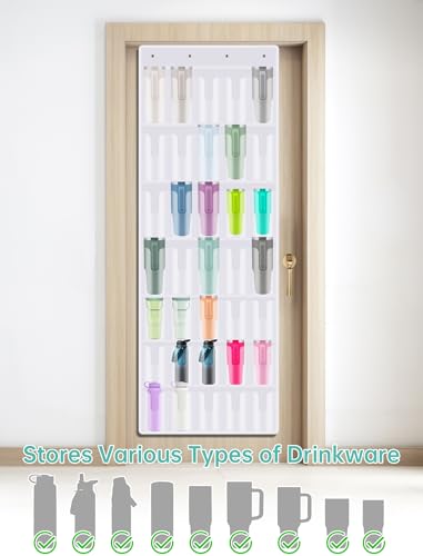 NiHome 35-Pocket Door Hanging Cup Organizer Fit for Stanley Tumbler 30 40oz | Large Capacity Over the Door Water Bottle Storage with Nano Tape, Waterproof Oxford Fabric, U-Shaped Handle Slots (White) - color: White (Upgraded), size: 75.2'' x 24.4"
