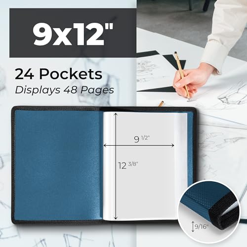 Dunwell Art Portfolio 9x12, 24 Pockets, Displays 48 Pages, Blue - color: Cobalt Blue, size: 9x12" w/ BLK Paper