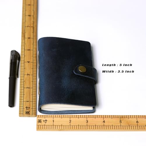 Pocket Notebook with Pen,Genuine Leather Journal Mini Notebook Small Unlined Notepad for Women Men(Blue)