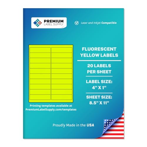 Premium Label Supply Bright Neon Color Fluorescent Sticker Labels - 4" x 1" Address Labels - (Fluorescent Yellow, 2000 Labels) - color: Fluorescent Yellow, size: 2000 Labels