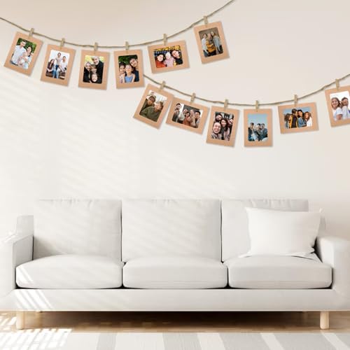 50Pcs 4x6 Paper Picture Frames Bulk, Hanging Pictures with String Photo Hanger with Clips Hanging Photo Display Wall Decor, Diy Picture Frame Craft Birthday Photo Banner for Picture Board for Photos - color: Brown