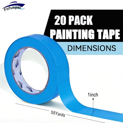 1in Blue Painters Masking Tape 20 Rolls 1100yds UV Resistant No Residue Sharp Lines Indoor Outdoor Wall Wood Glass Trim Painting - size: AT-Blue-20