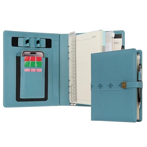 WASON A5 Journal Binder PU Leather Composition Notebook Ruled Spiral Diary Portfolio with Pen, Refillable Paper, Removable Clipboard, Notepad for Business Travel School Planner Organizer (Cyan) - color: Cyan
