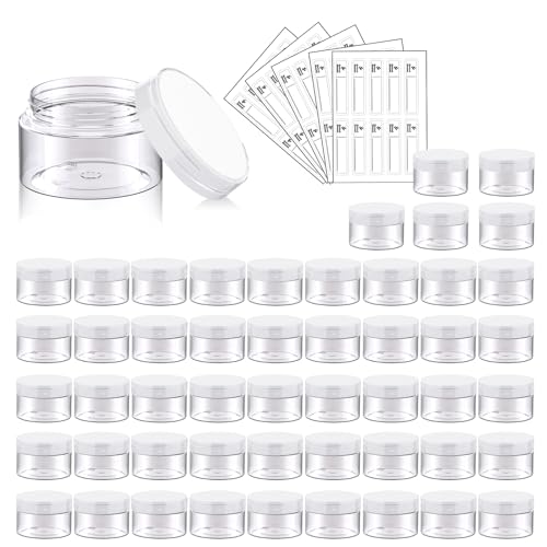 Eternal Moment 50 Pack 1 OZ Plastic Jars Clear Cosmetic Container with Lids | Round Makeup Jar for Lotion, Cream, Ointments, Eye Shadow, Rhinestone, Samples, DIY Travel Storage ( Clear Lid ） - color: Clear Lid, size: 1 Ounce
