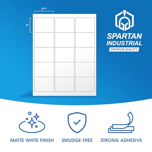 2.625" X 2" Matte White Printable Labels (30 Sheets, 450 Stickers) | Product Labels, Candle Stickers for Laser & Inkjet Printers - Spartan Industrial Template R009 - size: 2-5/8" X 2"