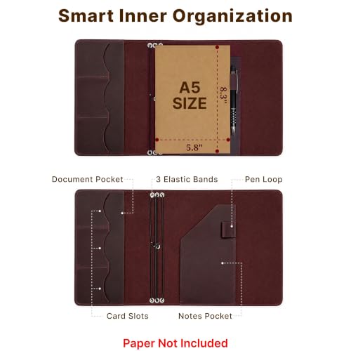 Genuine Leather A5 Notebook Cover – Refillable Journal Case with 3 Elastic Bands, Pen Holder & Inner Pockets, Fits Standard A5 Inserts 5.8 x 8.3 inch (Paper Not Included), Burgundy - size: A5