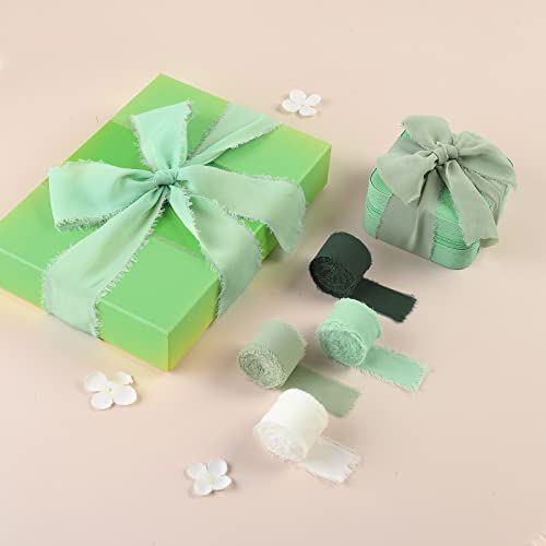 Handmade Fringe Chiffon Silk Ribbon 4 Rolls/1" x 5Yd Per Roll,Green & Cream Frayed Edges Ribbons Set (1" x20Yd, Green&Cream) - color: Green & Cream, size: 1"x20Yd
