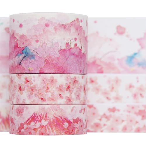YUBBAEX Cute Printed Washi Tape 3 Rolls Japanese-Style Masking Tape Set Decorative for Arts, DIY Crafts, Journal Supplies, Planners, Scrapbook, Card/Gift Wrapping (Cherry Blossoms (Wide)) - color: Cherry Blossoms (Wide)