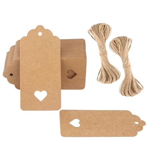 G2PLUS 100PCS Blank Gift Tags with String, Kraft Paper Hangtags, 3.7x1.8 in - style: Hollow Heart Brown