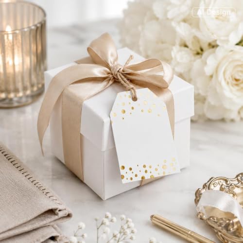 G2PLUS Gold Foil Dots Gift Tags, 50 Pcs White Paper HangTags with String, Metallic Gold Dots Present Tags, Personalized Blank Labels for Wedding, Birthday, Party Favors (3.34"×2.16") - style: Blank-Gold Dots