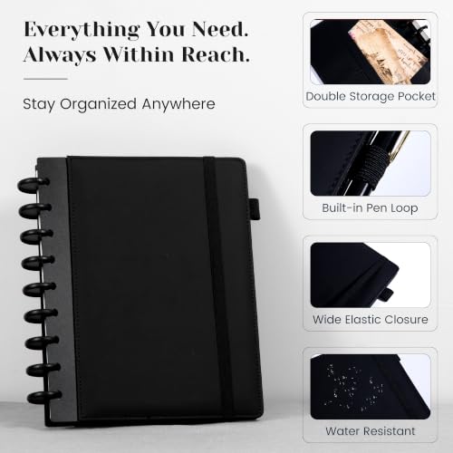 Hardcover Refillable Journal Notebook with Removable Divider Tabs, 300 Pages Leather 5 Subject Discbound Notebook College Ruled for Work School Note Taking,7.5x10" Lined Journal for Men & Women,Black - color: Black, size: Medium