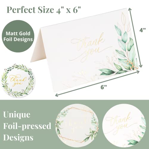 20 Eucalyptus Matt Gold Foil Greenery Thank You Cards with Envelopes & Stickers 4x6 Inch, Bulk Thank You Notes, Suitable for Business, Baby Shower, Wedding, Graduation, Bridal Shower, Funeral - color: Greenery