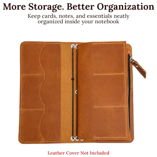 Genuine Leather Journal Insert for Regular Traveler's Notebook (4.1" x 8.3") – Refillable Notebook Organizer with Card Slots & Zipper Pocket, Handmade Leather Planner Accessory, Warm Brown - size: Regular