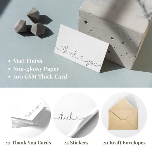 Thank You Cards with Kraft Envelopes and Stickers, Bulk Pack of 20, 4x6 Inch Professional Looking - Suitable for Business, Baby Shower, Wedding, Small Business, Graduation, Bridal Shower, Funeral | 4"x6", Heavyweight Cardstock with Thank You Stickers, For