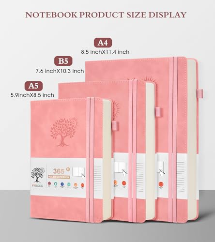 PERCUN B5 Lined Journal Notebook - 365 Page Large Leather Journals for Writing Women Men，Hardcover Notebook with 100Gsm Thick Pages，Daily Diary for Travel, Work，School，College Ruled (7.6" x 10.3") - color: Pink, size: B5