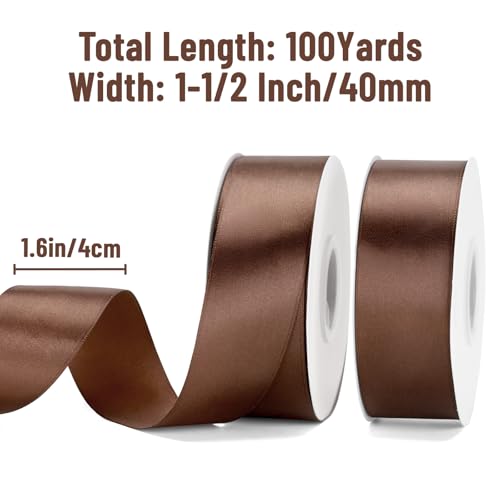 KINGLAKE Brown Satin Ribbon - 1-1/2'' x 100 Yards for Gift Wrapping - color: Brown, size: 1 1/2 Inch x 100 Yards