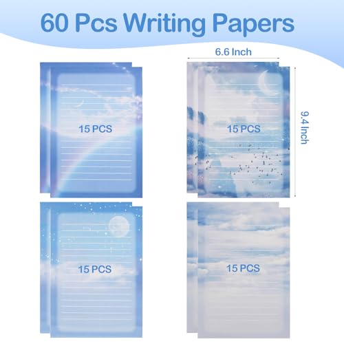 60 Lined Writing Stationery Paper, Colorful Sky Designs Stationery Paper for Writing Letter, Notes, Invitations, 4 Different Style (9.4 x 6.6")
