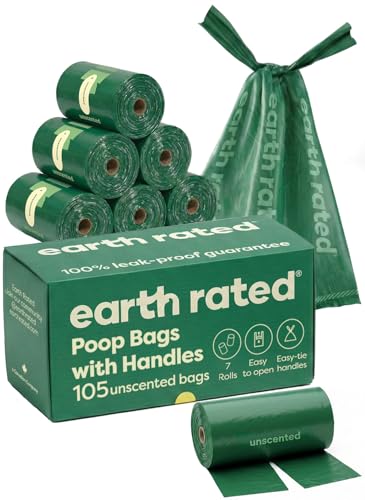 Earth Rated Dog Poop Bags for Dogs, 105 Easy Tie Handle Bags, Unscented - size: 105 Handle Bags (Rolls), style: Unscented