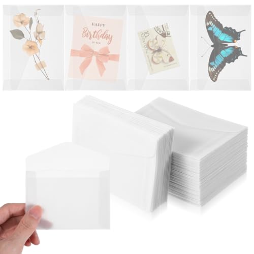 Xindojuz 50 PCS Vellum Envelopes, 4.5 × 3.2 Inch Translucent Glassine Envelope Self Sealing Mini Clear Envelopes Holders for Seeds Coin Stamp Collecting Lottery Ticket Gift Card Wedding Invitation - size: 3×5